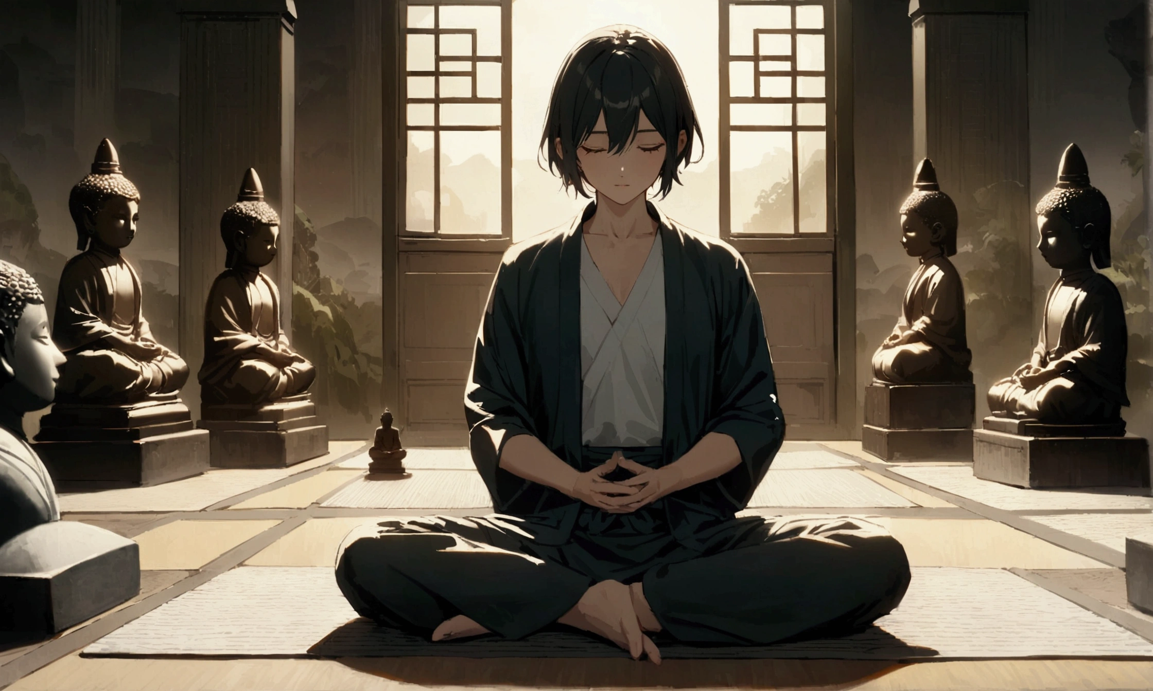 The protagonist is seen meditating on a yoga mat, eyes closed, surrounded by a calm and serene atmosphere. A small Buddha statue is in the background.