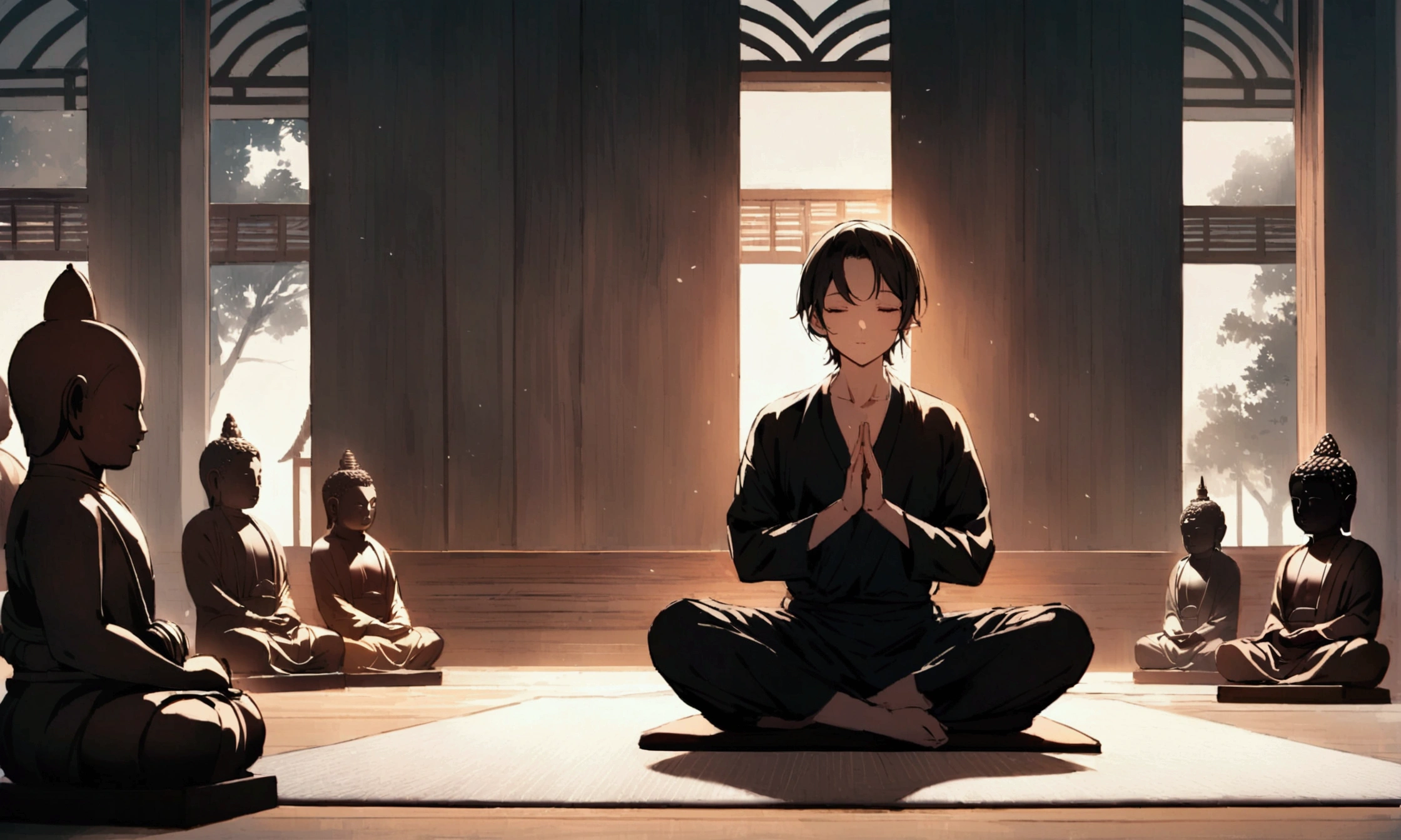 The protagonist is seen meditating on a yoga mat, eyes closed, surrounded by a calm and serene atmosphere. A small Buddha statue is in the background.