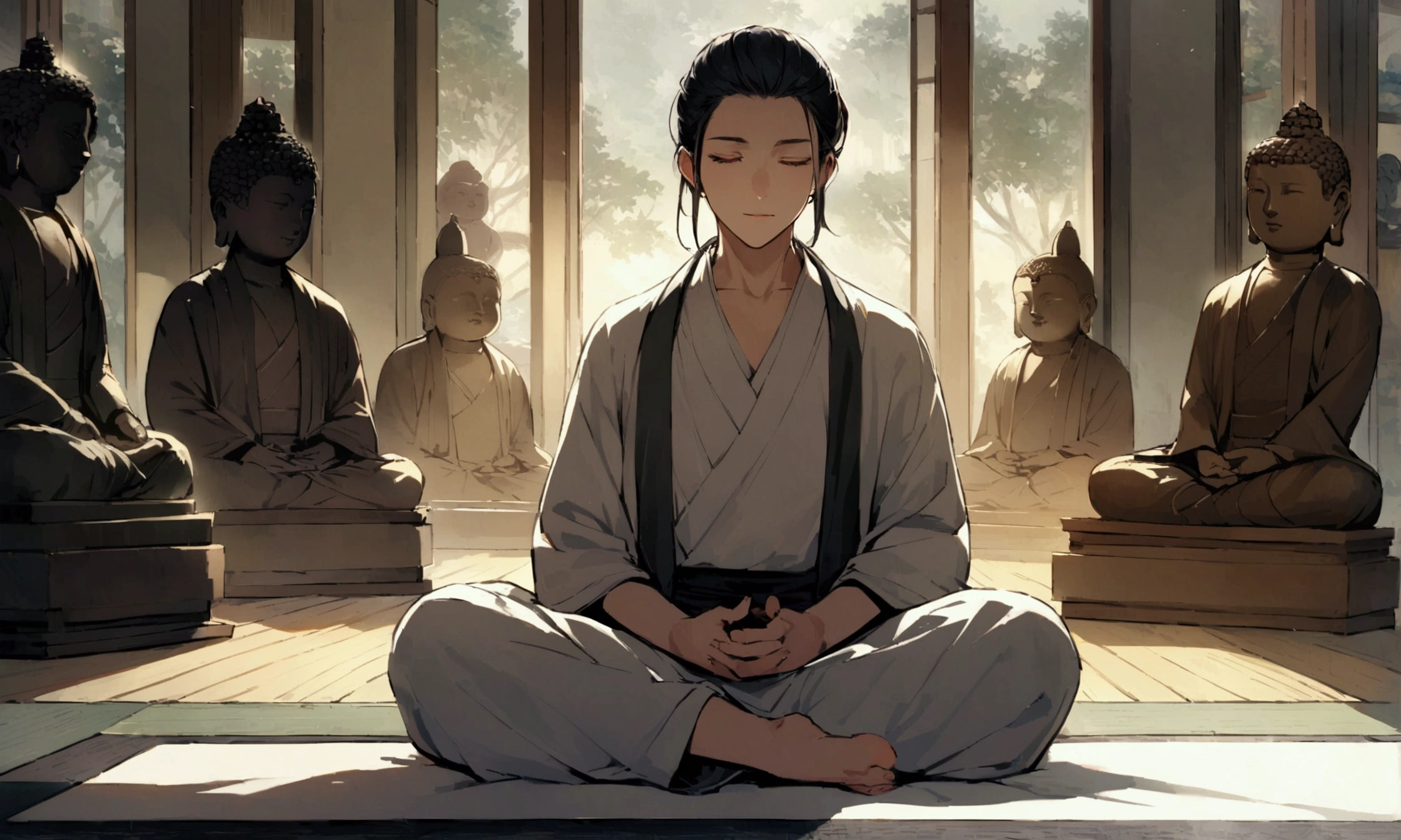 The protagonist is seen meditating on a yoga mat, eyes closed, surrounded by a calm and serene atmosphere. A small Buddha statue is in the background.