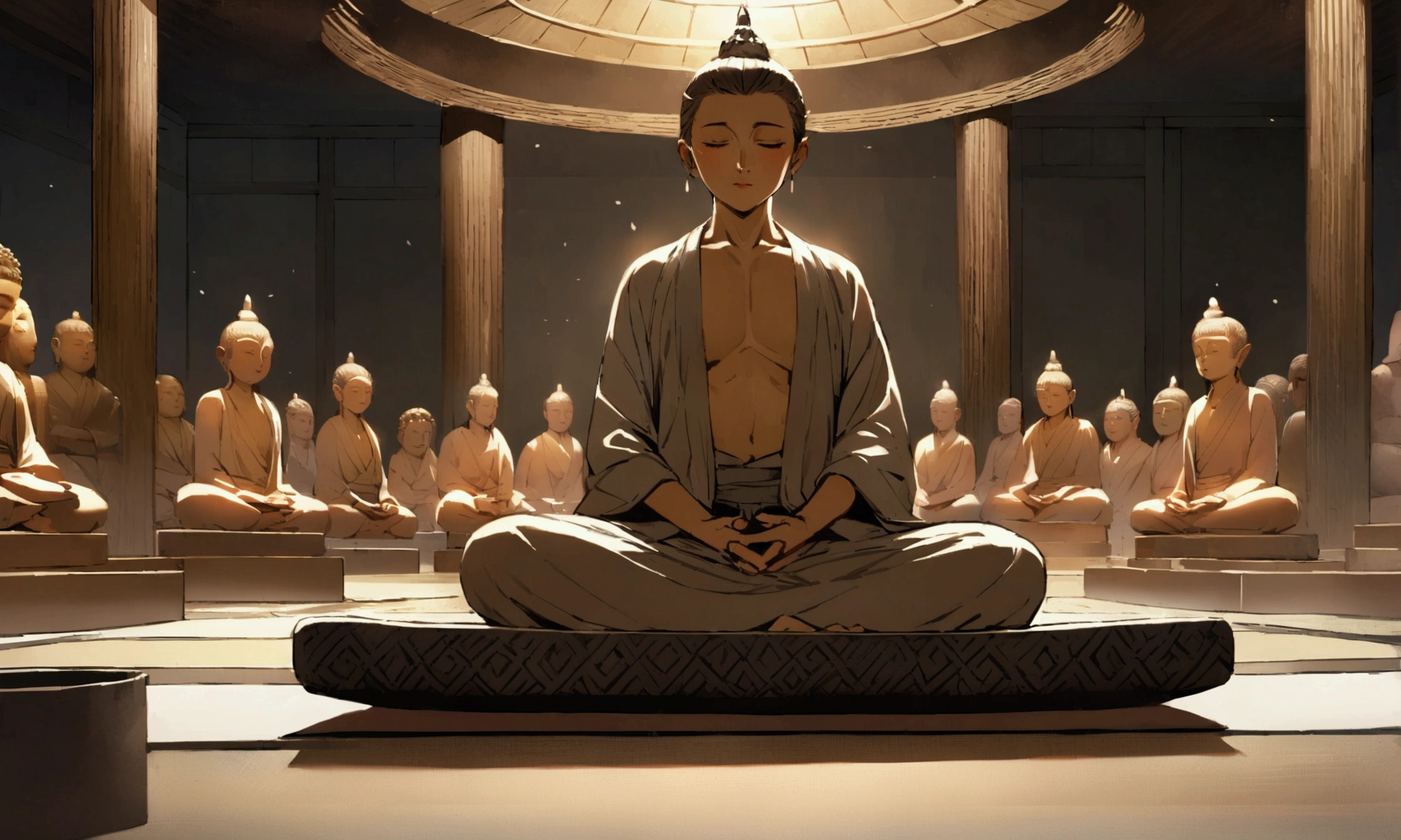 The protagonist is seen meditating on a yoga mat, eyes closed, surrounded by a calm and serene atmosphere. A small Buddha statue is in the background.