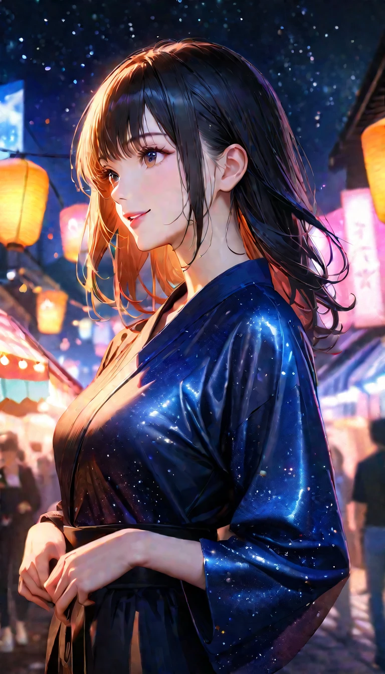 Young woman enjoying the summer festival,night, Starry Sky,Cute Yukata,Gazing at the sky,Blur the background,high school girl,smile,Glitter effect,Highest quality, 8k, High resolution, masterpiece:1.2, Very detailed, Realistic:1.37, High resolution, 超High resolution, Ultra-fine painting, Very detailed, Professional, Vibrant colors