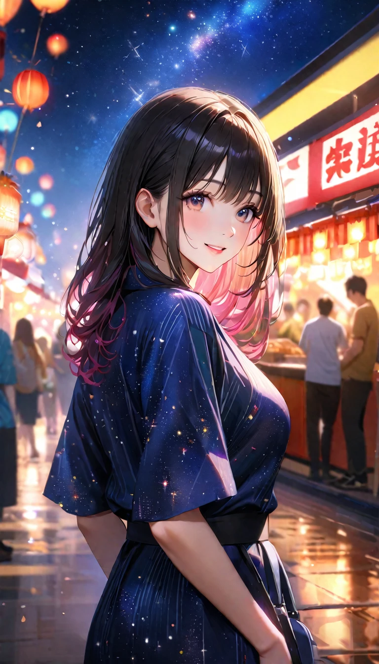 Young woman enjoying the summer festival,night, Starry Sky,Cute Yukata,Gazing at the sky,Blur the background,high school girl,smile,Glitter effect,Highest quality, 8k, High resolution, masterpiece:1.2, Very detailed, Realistic:1.37, High resolution, 超High resolution, Ultra-fine painting, Very detailed, Professional, Vibrant colors