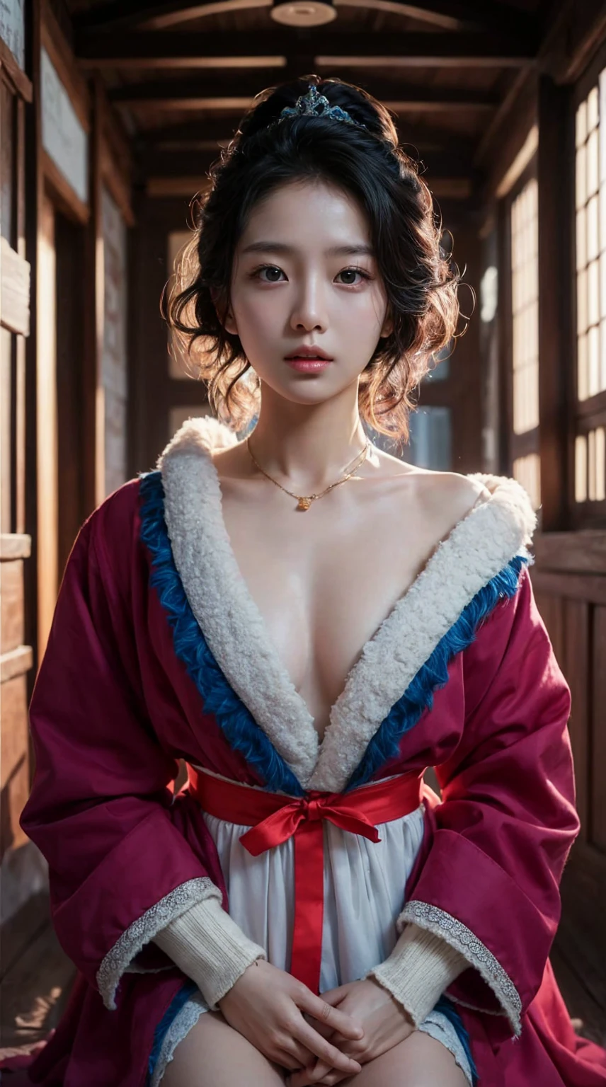 young korean girl, waist up, [shu qi:Mélanie Laurent:1], left open to reveal her bare large chest, Ruff, Anklet, Makeup, loop lighting, 80mm, unity 8k wallpaper, ultra detailed, aesthetic, masterpiece, best quality, photorealistic, vibrant