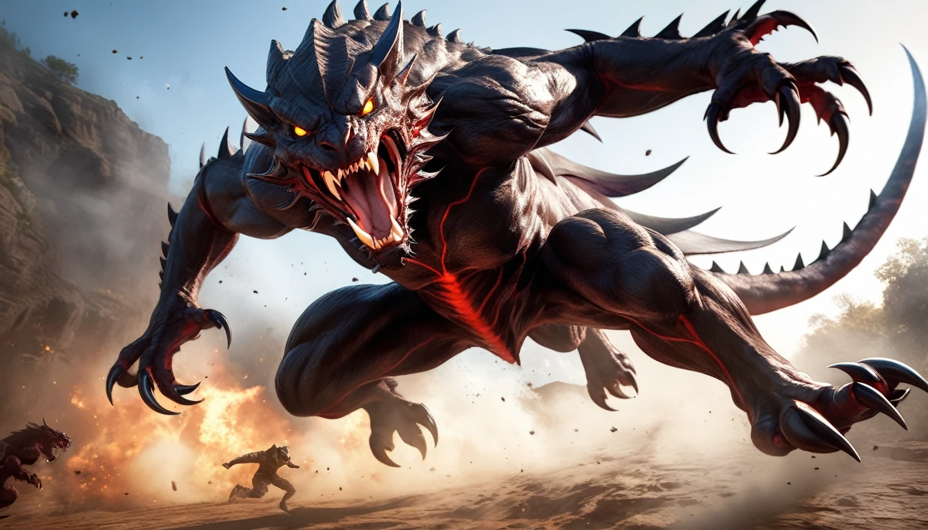 Realistic photos, RAW Photos, daemon, attacks viewer, Powerful movements, jump on prey, ((Dynamic jump)), Sharp Claws, daemon approaching from above, sudden approach, Bad-tempered, dynamic Shot from grand