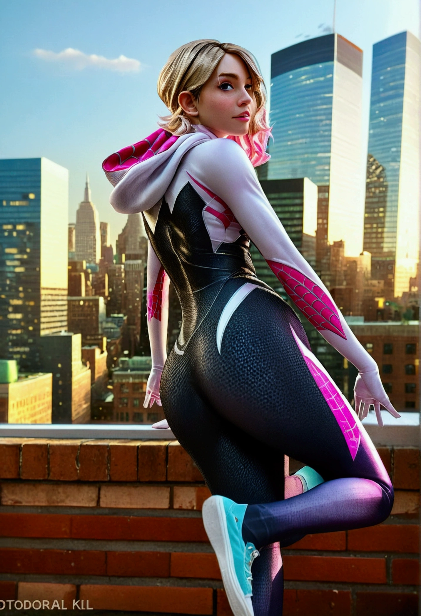 A realistic, spider-gwen, gwen stacy, hyperrealistic Spidergwen with athletic muscle, textured saturated white and black and pink trage, (best quality,4k,8k,highres,masterpiece:1.2),ultra-detailed,(realistic,photorealistic,photo-realistic:1.37),professional,vivid colors,bokeh, pose showing her butt, looking at the camera