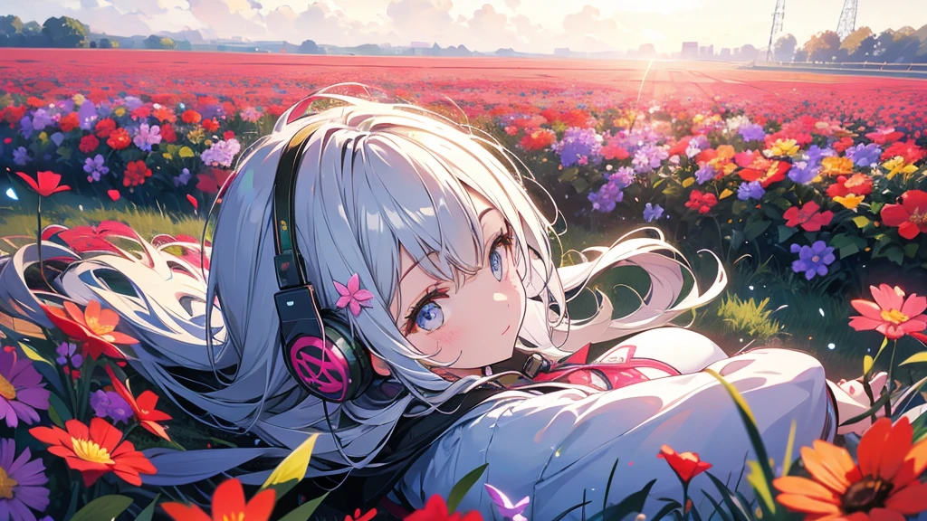 Girl wearing headphones in a flower field