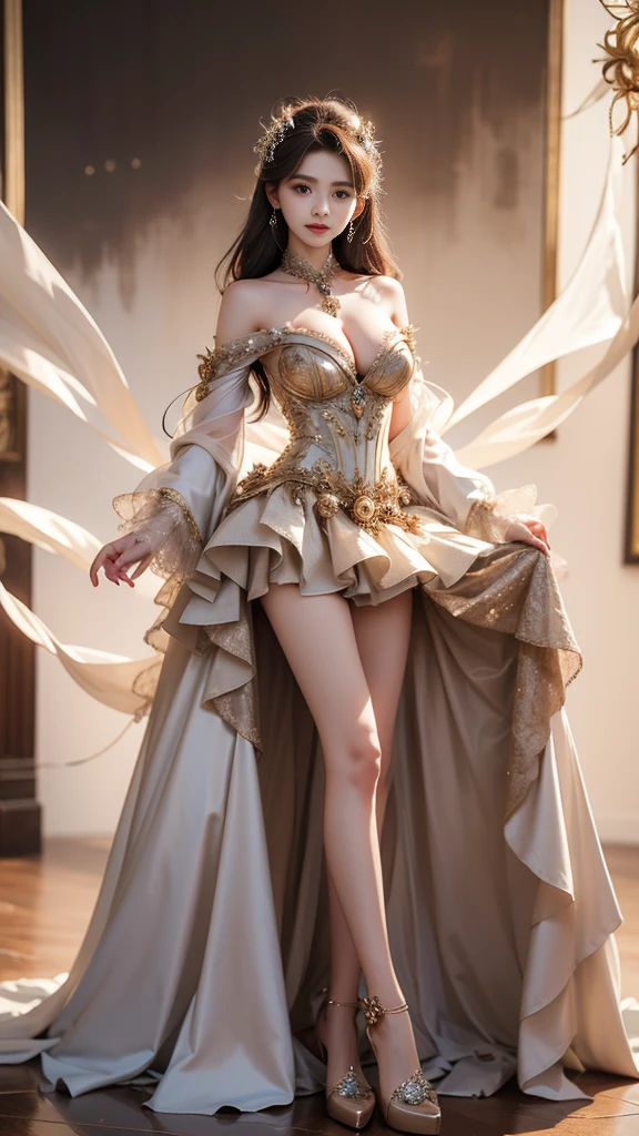 wrenchclockworkcharm
gown, dress ((knee shot)), ((Shoot at random angles)), ((Visible cleavage)), ((E-cup)), ((I-type Valley)), ((Warm colors)), Long-range shooting, A beautiful woman,Elegant posture,Standing,Slender figure。Her legs are slender and straight,Cross placement,Forming a perfect diagonal composition。Head gently sideways,Long blond hair falls naturally,Gently brushing her shoulders。Soft colors,In stark contrast to her fair skin。The edge of the skirt ripples gently,As if swaying in the breeze。Her eyes were gentle,There is a faint smile on the lips。The whole picture looks very harmonious and beautiful
