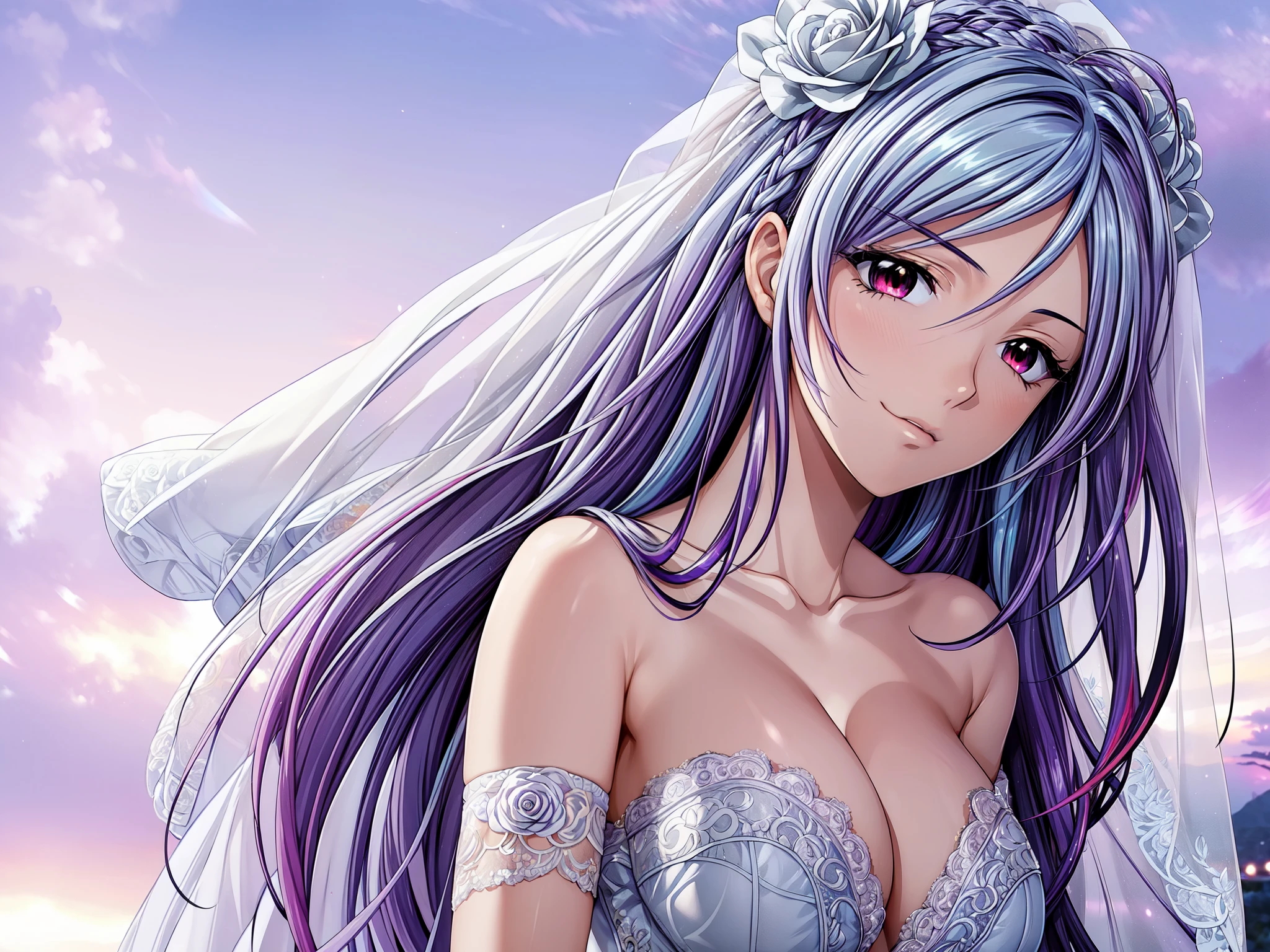 (masterpiece, best quality, beautiful and aesthetic:1.3), look back, side view, 1woman, solo, matured woman, (Silver blue hair streaked purple:1.4), (Gradient sky blue hair ends:1.6), hair strand, absurdly long hair, single sidelock, wavy hair, shiny hair, floating hair, (deep red eyes), delicate eyes, aqua eyes, super high detailed eyes, long upper eyelashes, makeup, Focus on face, Very detailed facial, Perfect breasts, hot body, (Delicate skin texture:1.2), bridal veil, lace-trimmed dress, see-through, wedding dress, outdoors, white roses, garden, morning, standing, extreme detailed,