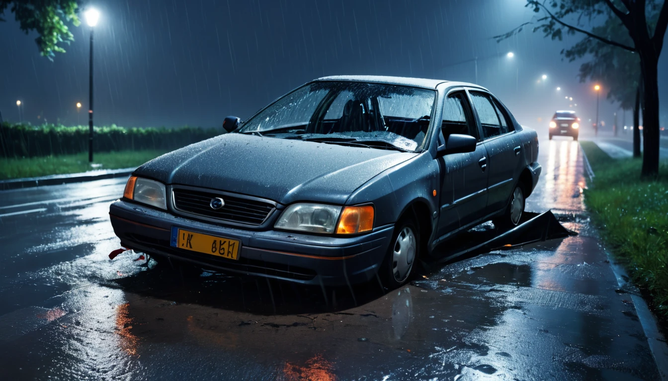 Scary horror image of a crashed car on the rainy road at night, PICTURE REALISTIC, high resolution, 8k
