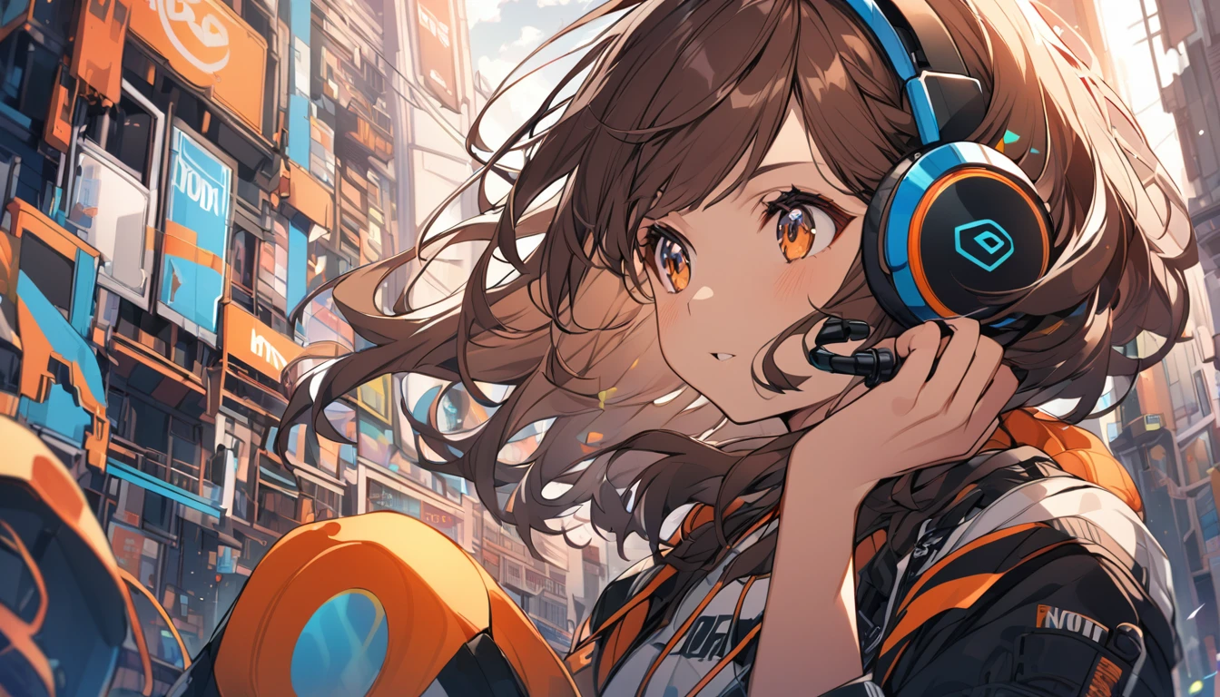 Girl wearing headphones,Brown Hair,1 person,bright,Detailed Background,