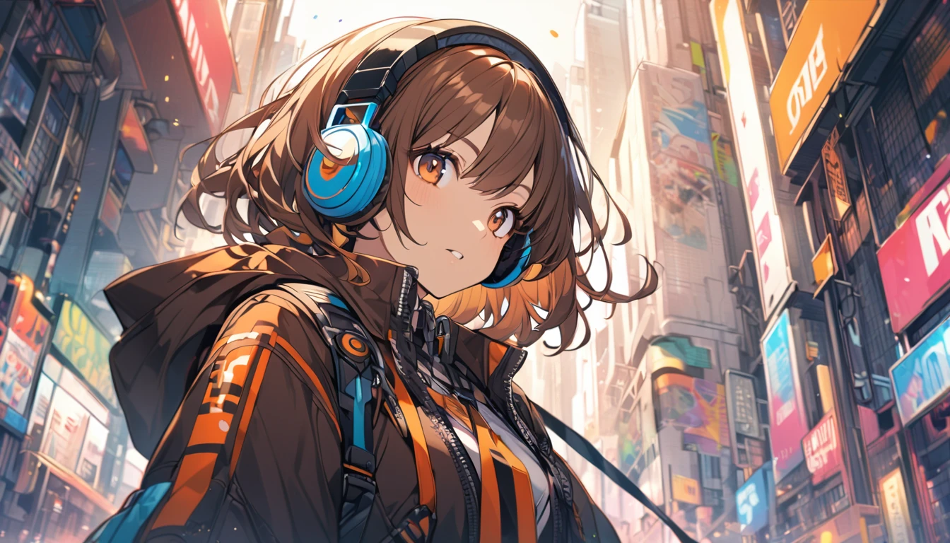 Girl wearing headphones,Brown Hair,1 person,bright,Detailed Background,