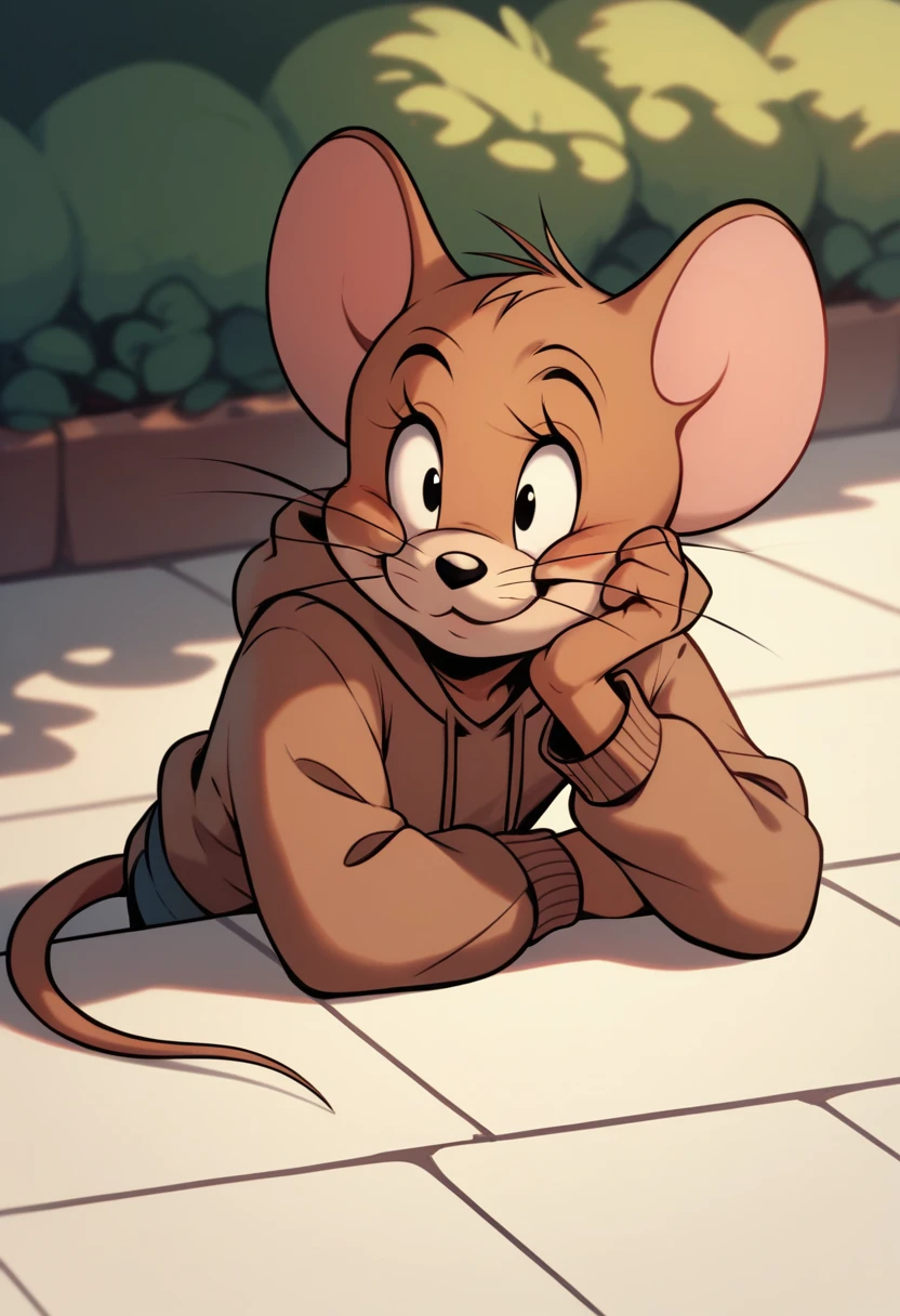 Fraction_9, Fraction_8, Fraction_9, rest, Jerry, mouse, Whiskers, mouse ears, mouse tail, outdoor, Lovely,Brown hoodie