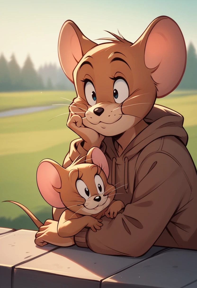 Fraction_9, Fraction_8, Fraction_9, rest, Jerry, mouse, Whiskers, mouse ears, mouse tail, outdoor, Lovely,Brown hoodie