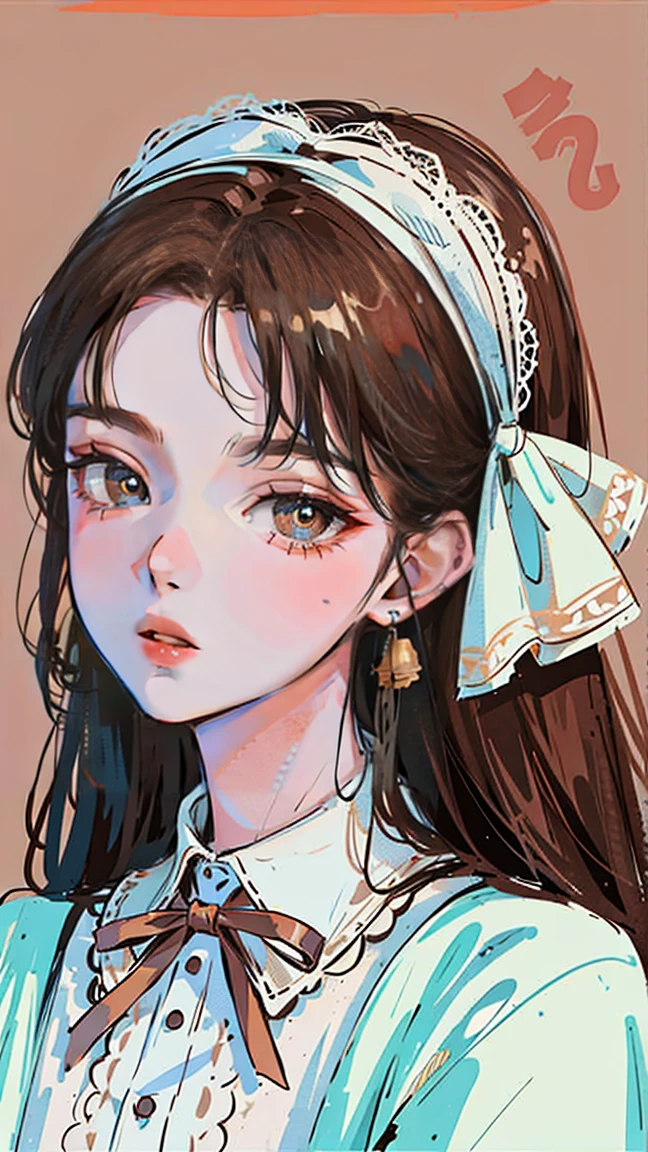(Portraiture:1.4), (masterpiece:1.2, Highest quality:1.2), From above, Upper Body, One girl, look up, Face Focus, Highly detailed face, Very fine grain, good looking, compensate, ((brown crochet hair), ribbon hairpiece, sharp eyes, Fashion Wear, Earrings,