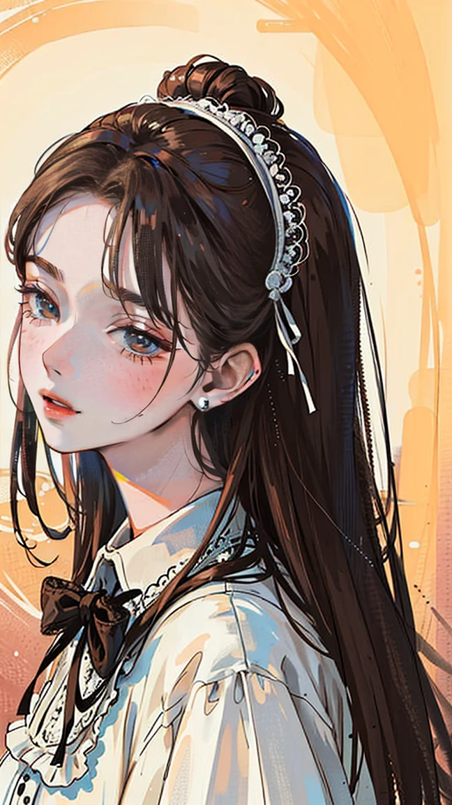 (Portraiture:1.4), (masterpiece:1.2, Highest quality:1.2), From above, Upper Body, One girl, look up, Face Focus, Highly detailed face, Very fine grain, good looking, compensate, ((brown crochet hair), ribbon hairpiece, sharp eyes, Fashion Wear, Earrings,