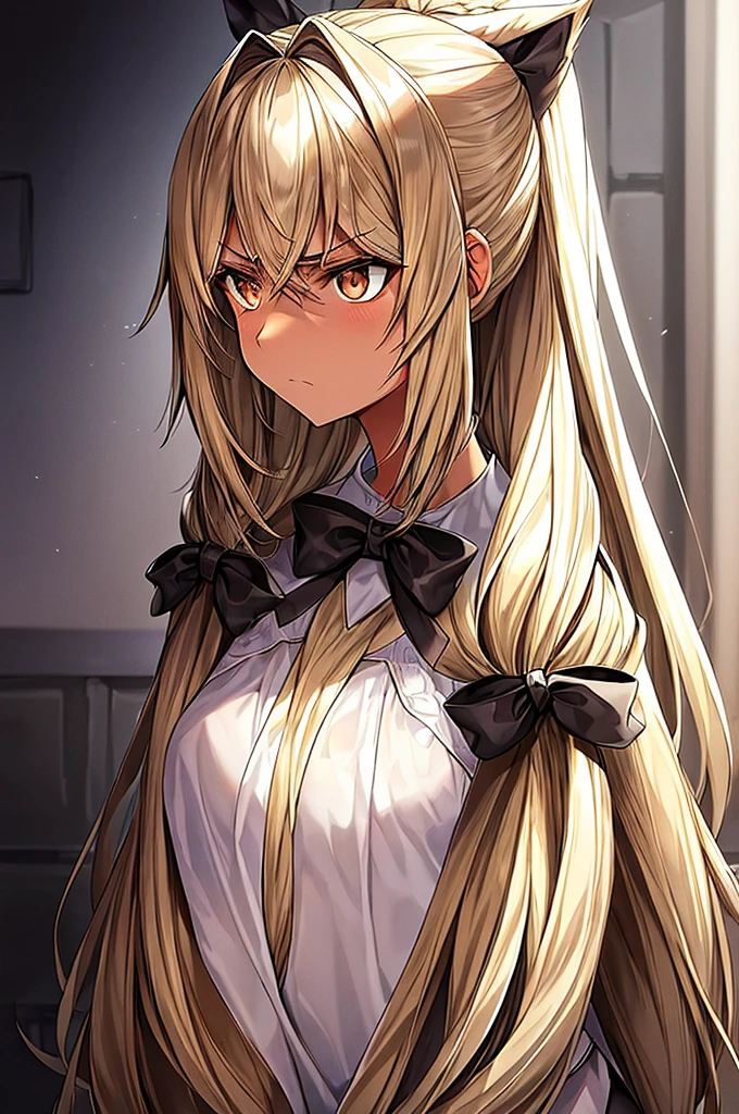best quality, black style, girl, beige skin, hairy skin, beige hair on her skin, brown eyes, long tousled beige hair, hair up, hair up, white dress, black bow, threatening look, determined look, look ahead , look ahead, serious, furry skin, wolf skin. werewolf, werewolf girl, .