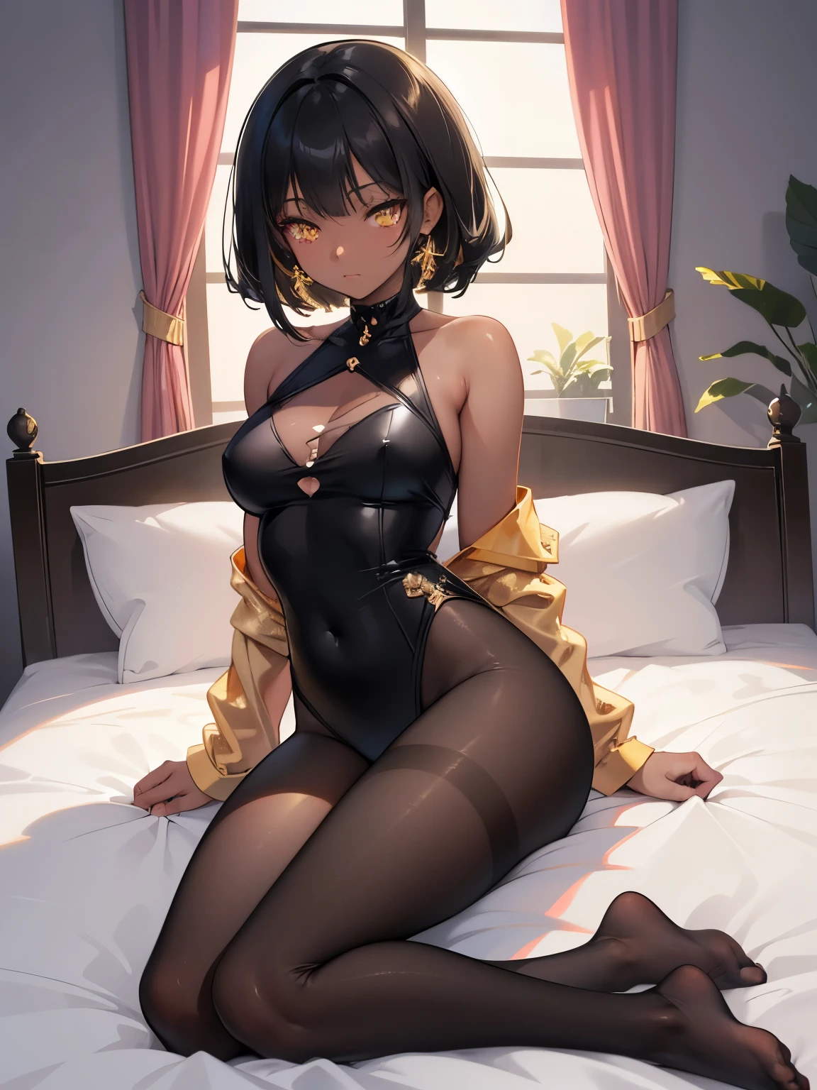 Digital Art, Digital Illustration, Ultra-detailed, beautiful image, Sharp Image, dark skinned girl, casual nightwear, nylon tights, trending at cgstation, anime barbie doll,  trending on cgstation, anime vtuber full body model, ((black hair color)), (((golden eyes))), (), (round breasts), on bed