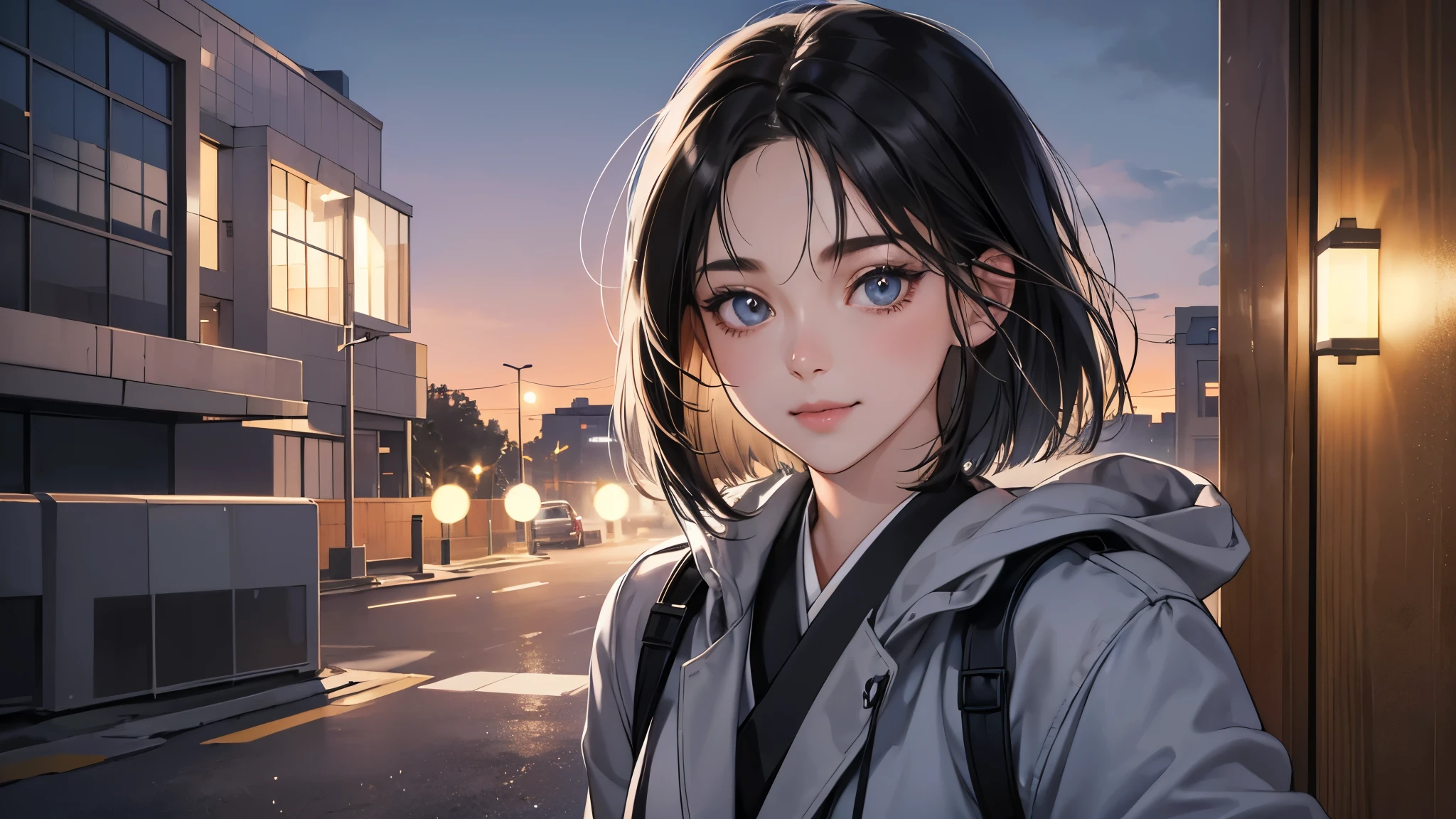 (perfect anatomy:1.2)(absurdres, highres, ultra detailed),masterpiece,best quality,high resolution,8k,Realistic face,Realistic skin texture,magnified textures, stunning clarity,detailed anime girl,(ultra detailed eyes and face),(1 girl:1.7)21years old,she is office worker,,smile:1.2,black hair, bob cut,natural make,grey jacket and pants,black brouse,,sparkling eyes.small nose,roundface、just left the office when it was time to leave,night,japanese bussines district,she is walking,happy