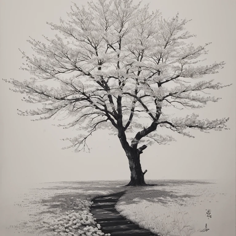 Penmanship,one cerry blossom big tree,monochrome,old painting,white background,far away,tribal,shadow