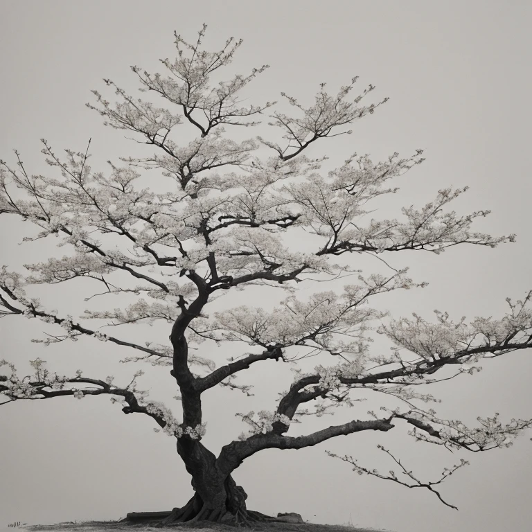 Penmanship,one cerry blossom big tree,monochrome,old painting,white background,far away,tribal,shadow