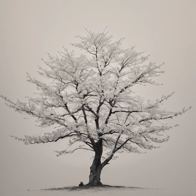 Penmanship,one cerry blossom big tree,monochrome,old painting,white background,far away,tribal,shadow