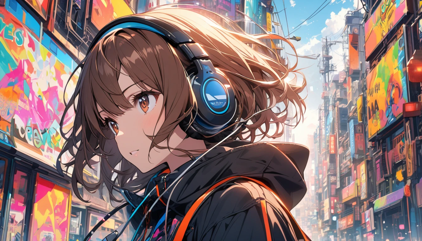 Girl wearing headphones,Brown Hair,1 person,bright,Detailed Background,
