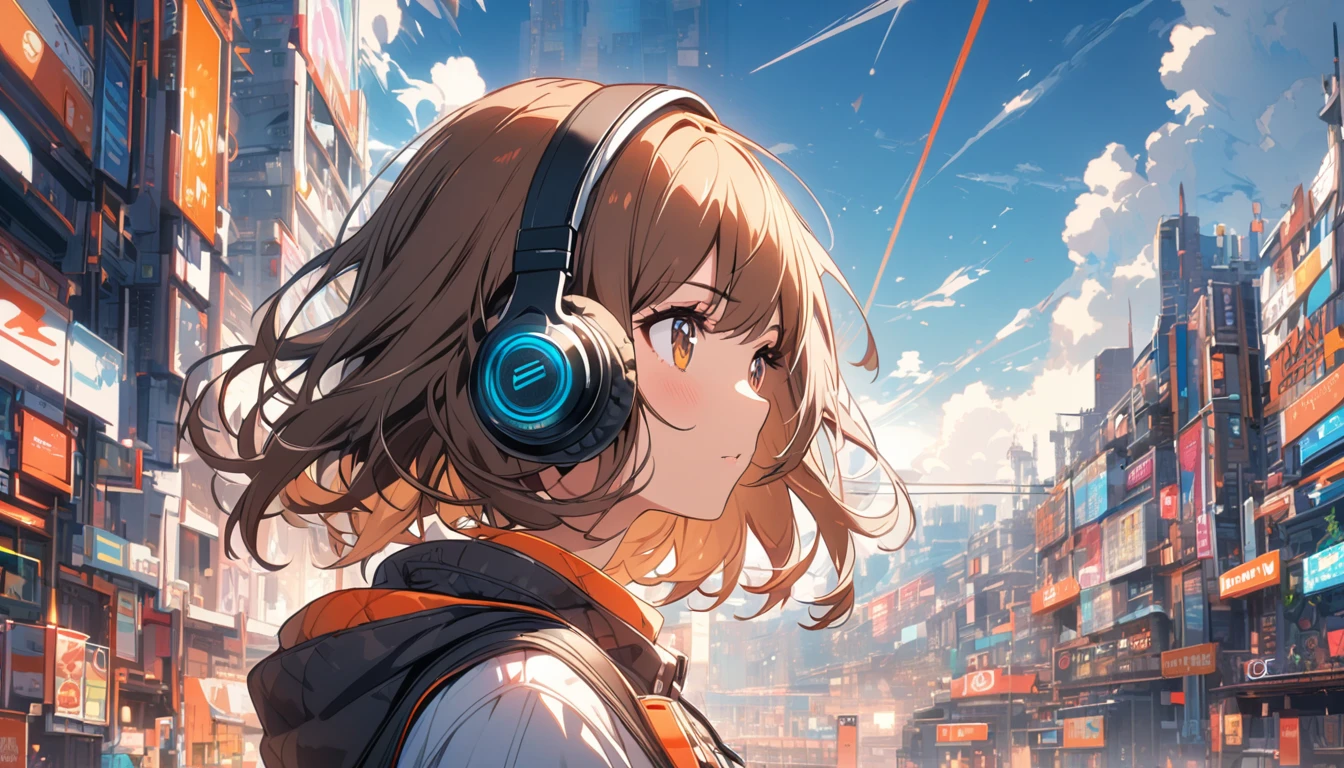 Girl wearing headphones,Brown Hair,1 person,bright,Detailed Background,