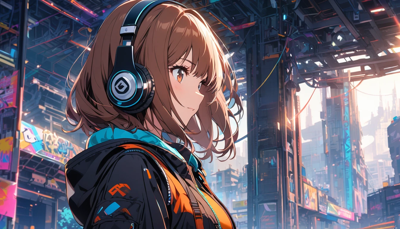 Girl wearing headphones,Brown Hair,1 person,bright,Detailed Background,
