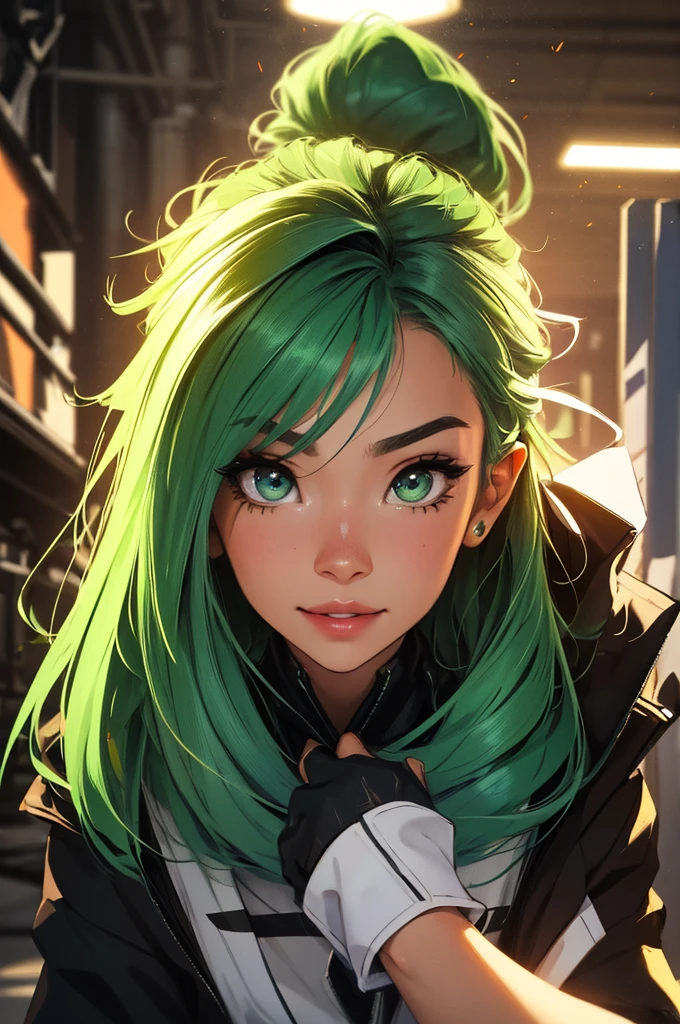 green hair, zoom in face, close-up, portrait, futuristic girl in a mechapunk hangar, (work of art, best qualityer, ultra detali, high resolution, 4K),(beautiful detailed eyes),(very highly detailed face),(1 girl),HDR,long hair, Shorts, phone, eyes browns, bracelet, regatta, to attend, lips, focus only, glaze, Blurry background, ssmile, wristto attend, realisitic, Blurry, looking ahead at viewer