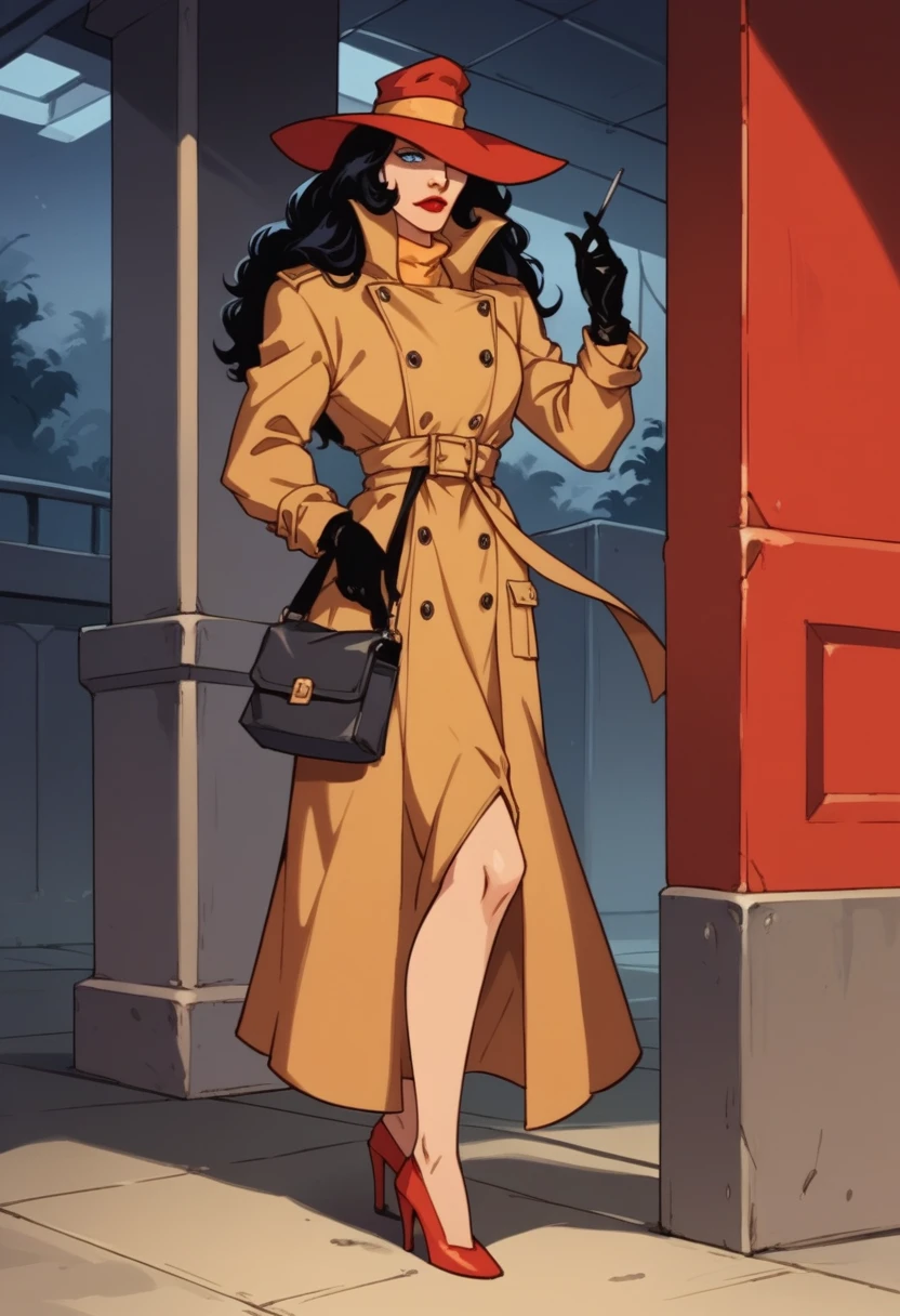 score_9, score_8_up, score_7_up, score_6_up, score_5_up, score_4_up , source_cartoon, xcarmenx, 1 girl, solo, black hair, long hair, blue eyes, makeup, lipstick, hat, trench coat, gloves, high heels