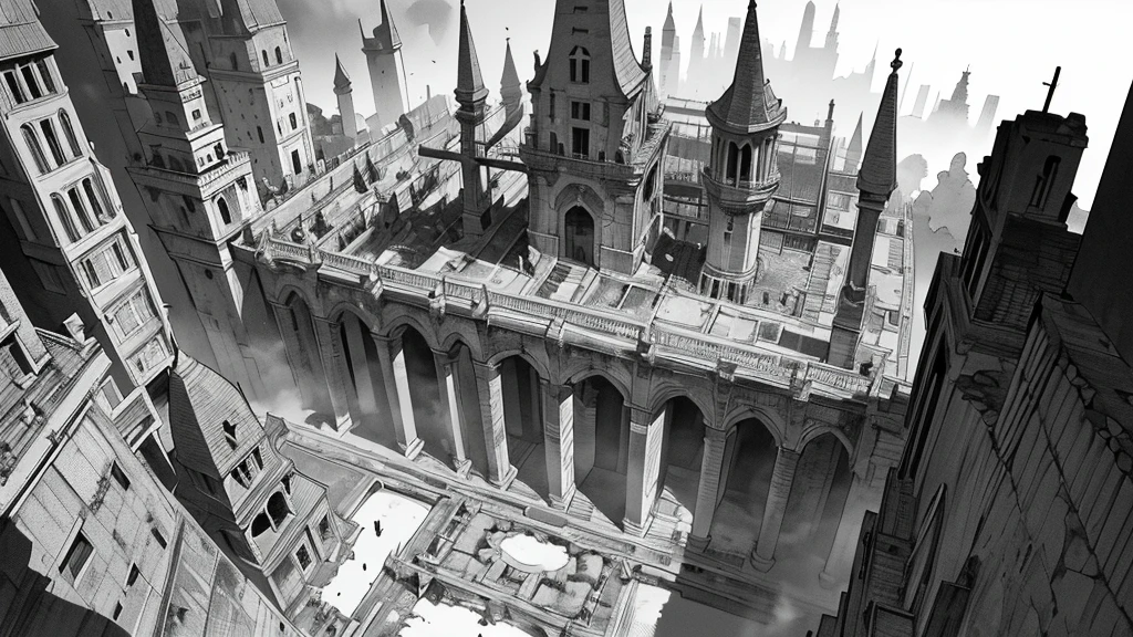 ((line-drawing)), comic strip, (((monochromes))), illustration, manga style, bird eye view of a dark underground ruined medieval city, (((bird eye view))), ((black and white, monochromatic)), floating rocks, covered in fog, manga background, masterpiece, Best Quality, Super Detail, dark fantasy,