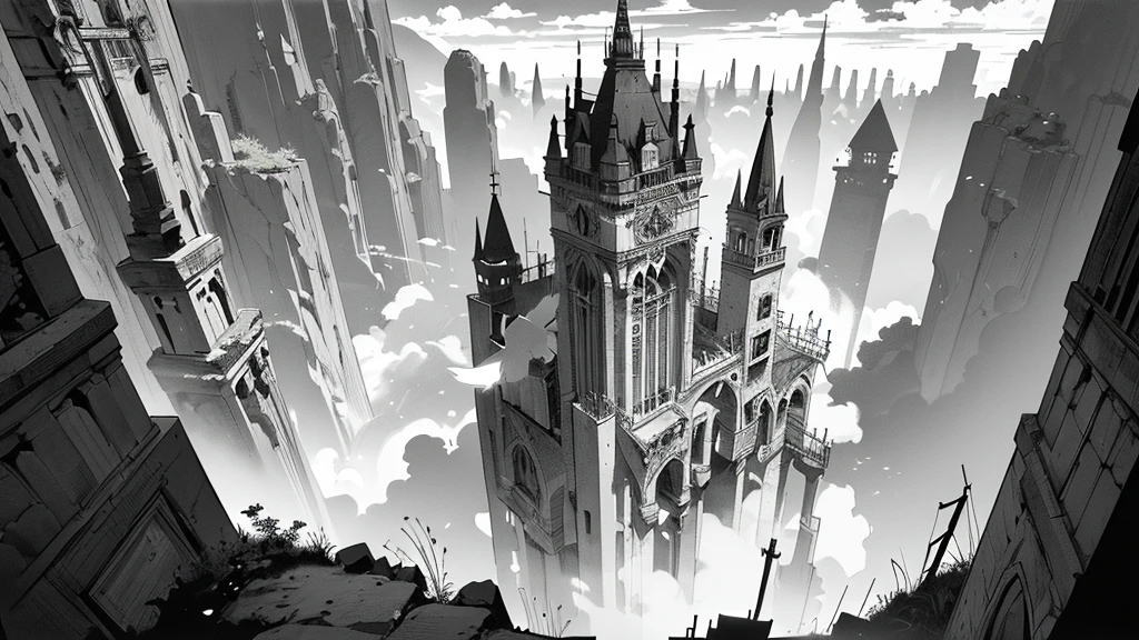 ((line-drawing)), comic strip, (((monochromes))), illustration, manga style, bird eye view of a dark underground ruined medieval city, (((bird eye view))), ((black and white, monochromatic)), floating rocks, covered in fog, manga background, masterpiece, Best Quality, Super Detail, dark fantasy,