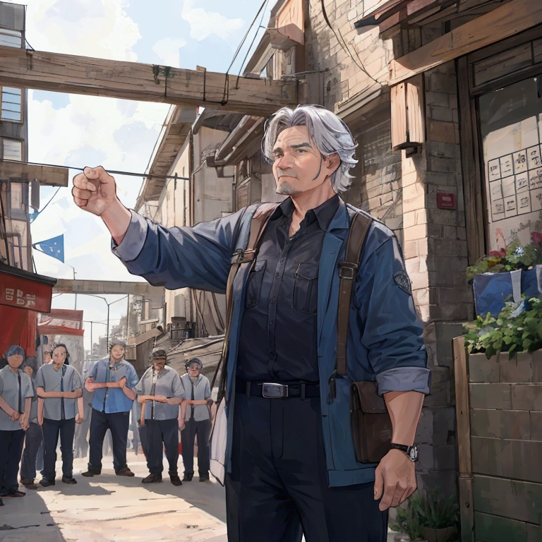 A middle-aged man, a former adventurer, expressing his gratitude and determination to a large group of residents.。In the background、A scene of the defense line being improved and the supply system being improved.、It depicts the residents understanding their roles and taking action.、Please express it in a way that gives a sense of new order and unity to the whole town.。