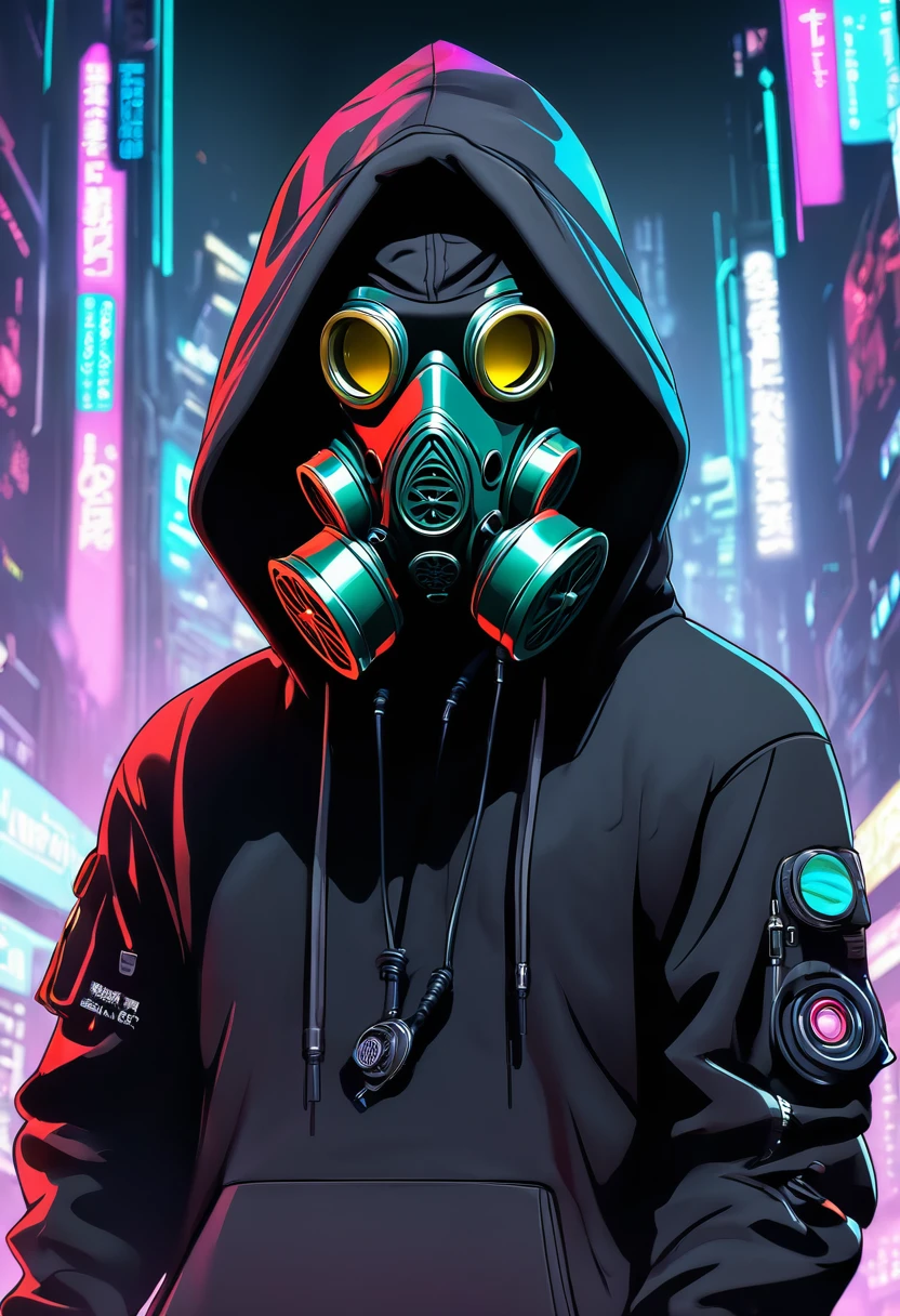 gas mask and hood on, Cyberpunk in a hoodie,  gas mask, wearing a gas mask, gas mask, gas mask,  8k, Cyberpunk art, Wearing a pitch black menpo mask,  gas mask, 