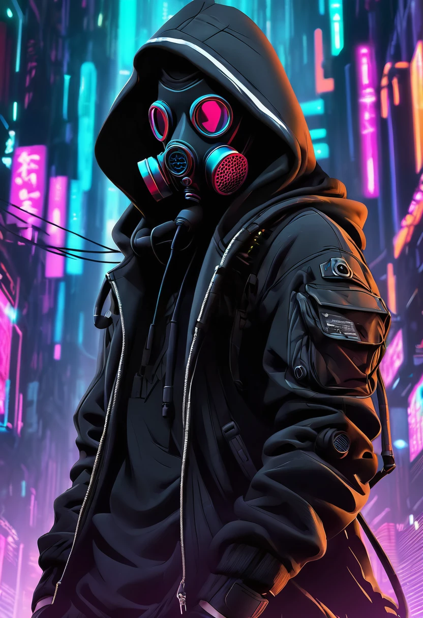 gas mask and hood on, Cyberpunk in a hoodie, gas mask, wearing a gas mask, gas mask, gas mask, 8k, Cyberpunk art, Wearing a pitch black menpo mask, gas mask,