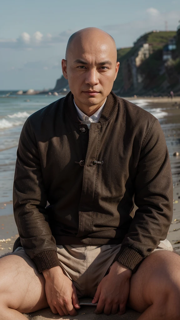 bald buryat man, sitting on the beach, wearing, brown eyes, looking away