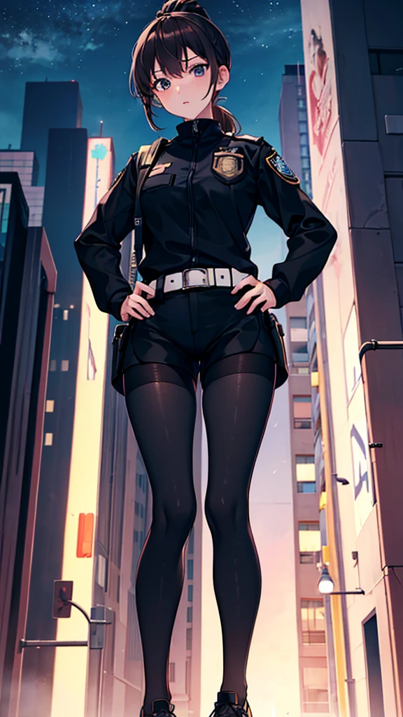 {{masterpiece}}, {{{best quality}}},{{ultra-detailed}}, {{illustration}},{{tall stature}},{{adult women}},((Black tights and shorts)),Small breasts,Slender,{{Hands on hips}},((Leggings with integrated shorts)), Female police officer Brown hair ponytail Place your hands on your knees 1 female,alone, Downtown at night long sleeve police uniform Black pantyhose View from below Black Belt