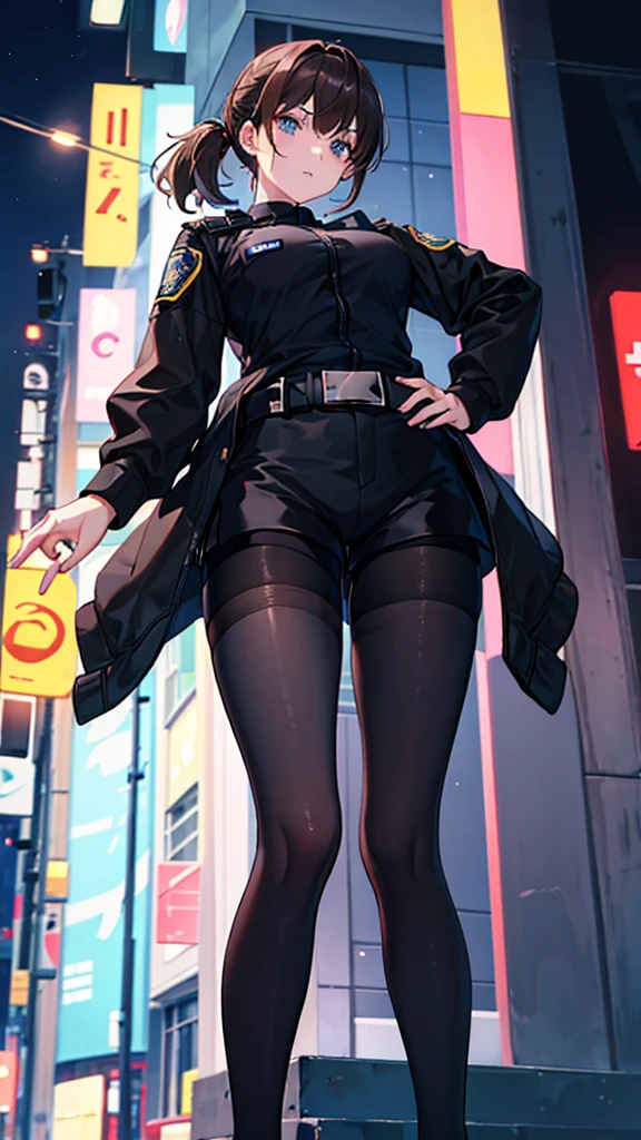 {{masterpiece}}, {{{best quality}}},{{ultra-detailed}}, {{illustration}},{{tall stature}},{{adult women}},((Black tights and shorts)),Small breasts,Slender,{{Hands on hips}},((Leggings with integrated shorts)), Female police officer　Brown hair ponytail　Place your hands on your knees　1 female,alone,　Downtown at night　long sleeve police uniform　Black pantyhose　View from below　Black Belt