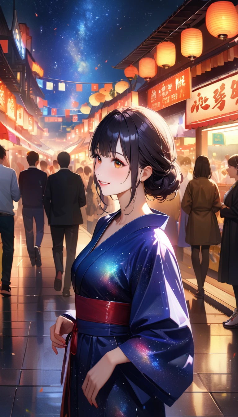Summer festival,Date with her,night, Starry Sky,Cute Yukata,Gazing at the sky,high school girl,smile,Glitter effect,Highest quality, 8k, High resolution, masterpiece:1.2, Very detailed, Realistic:1.37, High resolution, 超High resolution, Ultra-fine painting, Very detailed, Professional, Vibrant colors