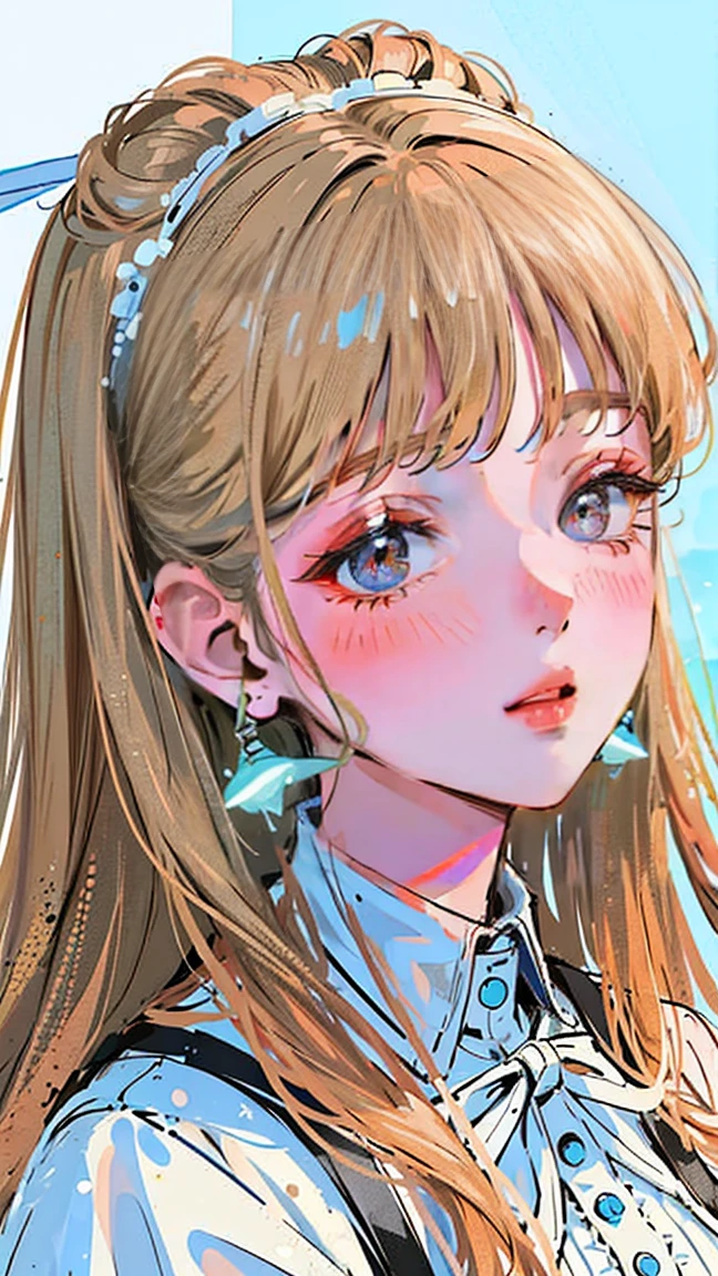 (Portraiture:1.4), (masterpiece:1.2, Highest quality:1.2), From above, Upper Body, One girl, look up, Face Focus, Highly detailed face, Very fine grain, good looking, compensate, ((white wavy hair)), ribbon hairpiece, sharp eyes, Fashion Wear, Earrings,