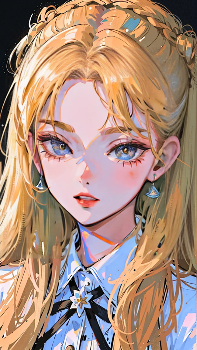 (Portraiture:1.4), (masterpiece:1.2, Highest quality:1.2), From above, Upper Body, One girl, look up, Face Focus, Highly detailed face, Very fine grain, good looking, compensate, ((white wavy hair)), ribbon hairpiece, sharp eyes, Fashion Wear, Earrings,