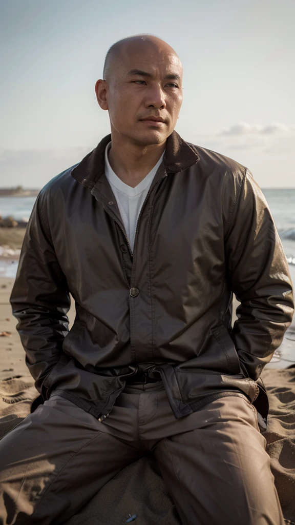 bald buryat man, sitting on the beach, brown eyes, looking away