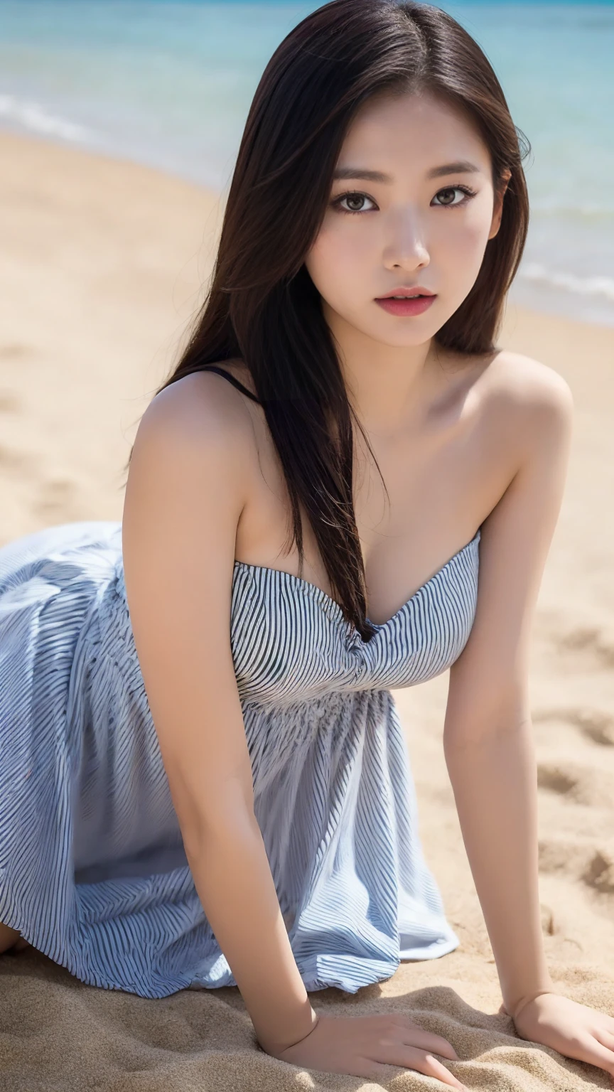 Arafe woman in black and white striped dress on the beach, beautiful korean woman, gorgeous young korean woman, gorgeous chinese model, korean girl, young cute gravure idol, beautiful young korean woman, beautiful asian girl, young and cute girl, say it vadilumrat, super detailed face,Big ,Sexy,Bare shoulders,full,