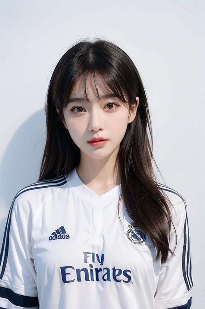 {{{Real Madrid}}}, light, {{Adidas soccer jersey on white background}}, {{{best quality}}}, {{{realistic}}}, {{{Detailed facial description}}}, realistic 눈동자, {{beautiful western beauty}}, female, realistic 유니폼 주름, holding a soccer ball, {{{Real Madrid}}}, {{{soccer stadium}}}, Sponsor&#39;s name is Fly Emirates, {{{busty}}}