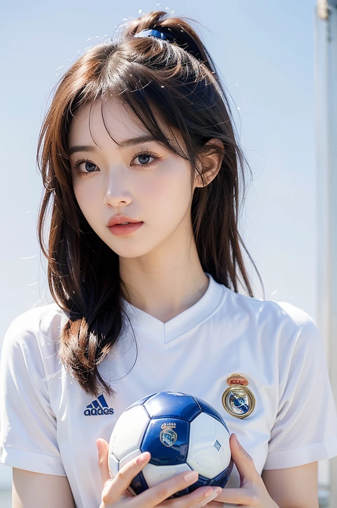 {{{Real Madrid}}}, light, {{Adidas soccer jersey on white background}}, {{{best quality}}}, {{{realistic}}}, {{{Detailed facial description}}}, realistic 눈동자, {{beautiful western beauty}}, female, realistic 유니폼 주름, holding a soccer ball, {{{Real Madrid}}}, {{{soccer stadium}}}, Sponsor's name is Fly Emirates, {{{busty}}}