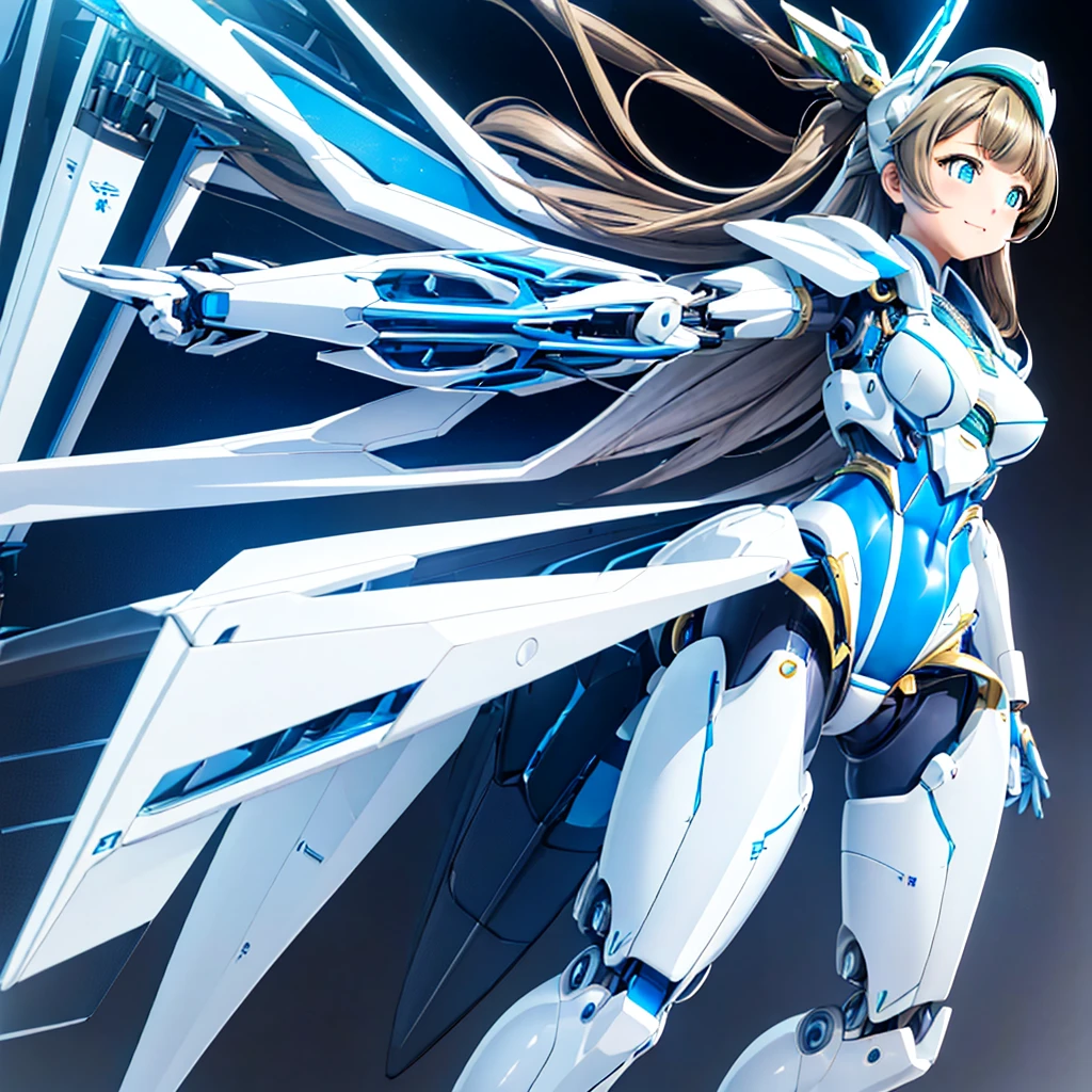 masterpiece, high quality, Inside the Institute of Mechanization、On the operating table during remodeling surgery、Minami Kotori, who has been turned into a mechanical body cyborg、Gynoid cyborg body modification surgery、Blue and white leotard armor、A precisely mechanized body、Single image、from the front,Put the whole body