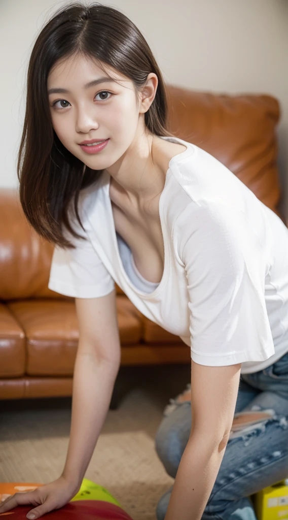 munechira、Down blouse、(((Realistic skin types)))、(Leaning forward:1.3)、(Oversized T-shirt、Loose Fit T-Shirt、Low-cut T-shirt:1.2)、(Highest quality、8k、32K、masterpiece)、(Detailed bra)、Japanese、28 years old、Very cute girl、beautiful girl、Squat、Bright smile、living room、Bright room、Blurred Background、Shortcuts、Upper body close-up、Shooting from the sky