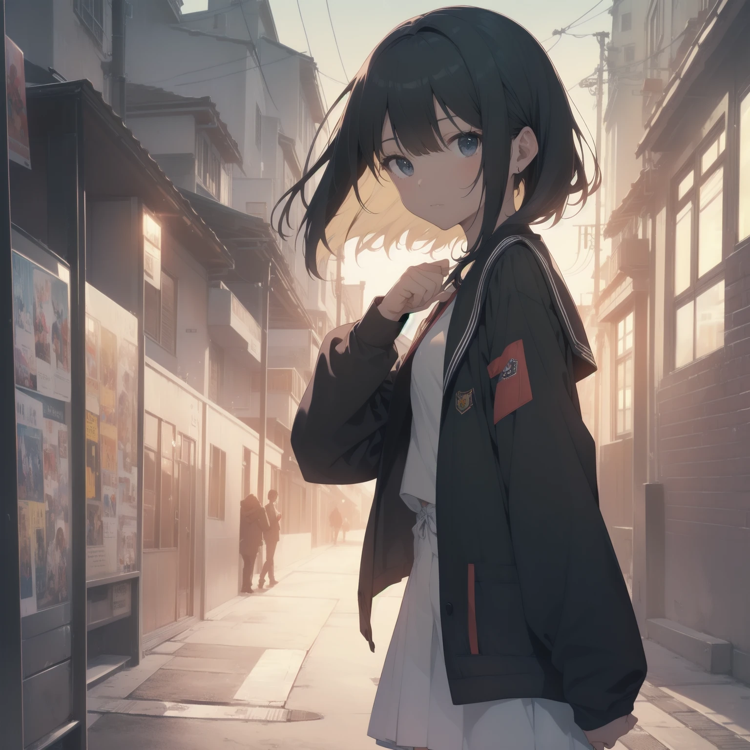 ultra-absurdres-Top quality by artist God, ultra-detailed, high resolution, anime moe artstyle, best anime 8k konachan wallpaper, pixiv contest winner, pool:2810, perfect anatomy,break, 1girl, (Please draw a girl walking sleepily to school alone. )break,(Solo,little female, 13-year-old:1.3),Full limbs, complete fingers,a junior high school student, (very short hair), short cut, flat chest, , small butt, small black eyes, beautiful detailed eyes, well-proportioned iris and pupils, expressive eyes, highres detailed hair, soft expression, salor school_uniform, sailor collar, serahuku, bow, pleated skirt,(Detailed Lighting), (Detailed background), in the School commute route. break,super detailed skin, Best cinematic lighting powered by famous artist, 8k,beauty illustration,photoshop_(medium),very aesthetic,break,((artist:yuuhagi_(amaretto-no-natsu) )), artist:clamp ,artist:carnelian ,artist:kantoku ,