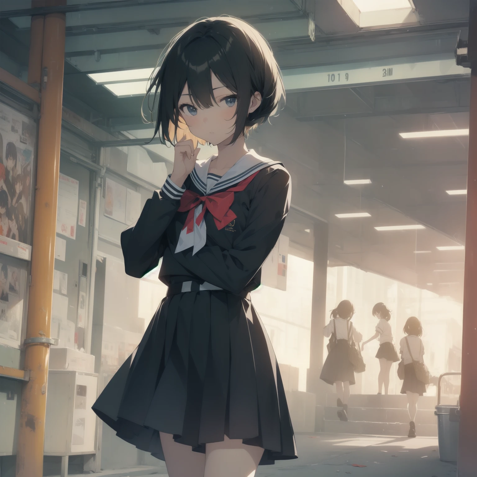 ultra-absurdres-Top quality by artist God, ultra-detailed, high resolution, anime moe artstyle, best anime 8k konachan wallpaper, pixiv contest winner, pool:2810, perfect anatomy,break, 1girl, (Please draw a girl walking sleepily to school alone. )break,(Solo,little female, 13-year-old:1.3),Full limbs, complete fingers,a junior high school student, (very short hair), short cut, flat chest, , small butt, small black eyes, beautiful detailed eyes, well-proportioned iris and pupils, expressive eyes, highres detailed hair, soft expression, salor school_uniform, sailor collar, serahuku, bow, pleated skirt,(Detailed Lighting), (Detailed background), in the School commute route. break,super detailed skin, Best cinematic lighting powered by famous artist, 8k,beauty illustration,photoshop_(medium),very aesthetic,break,((artist:yuuhagi_(amaretto-no-natsu) )), artist:clamp ,artist:carnelian ,artist:kantoku ,
