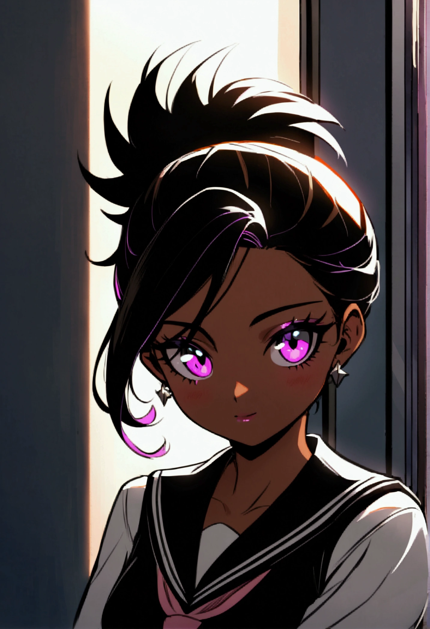 1 girl, Sombra from overwatch, (dark skinned:1.2), school girl, school class background, modern anime style, facing the viewer, upper body